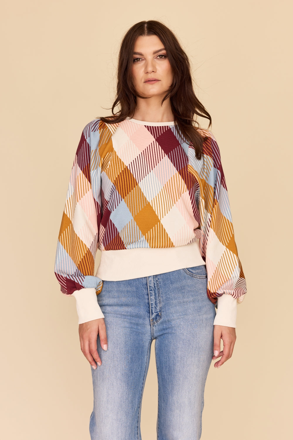 Batwing style long sleeve jumper in plaid print 