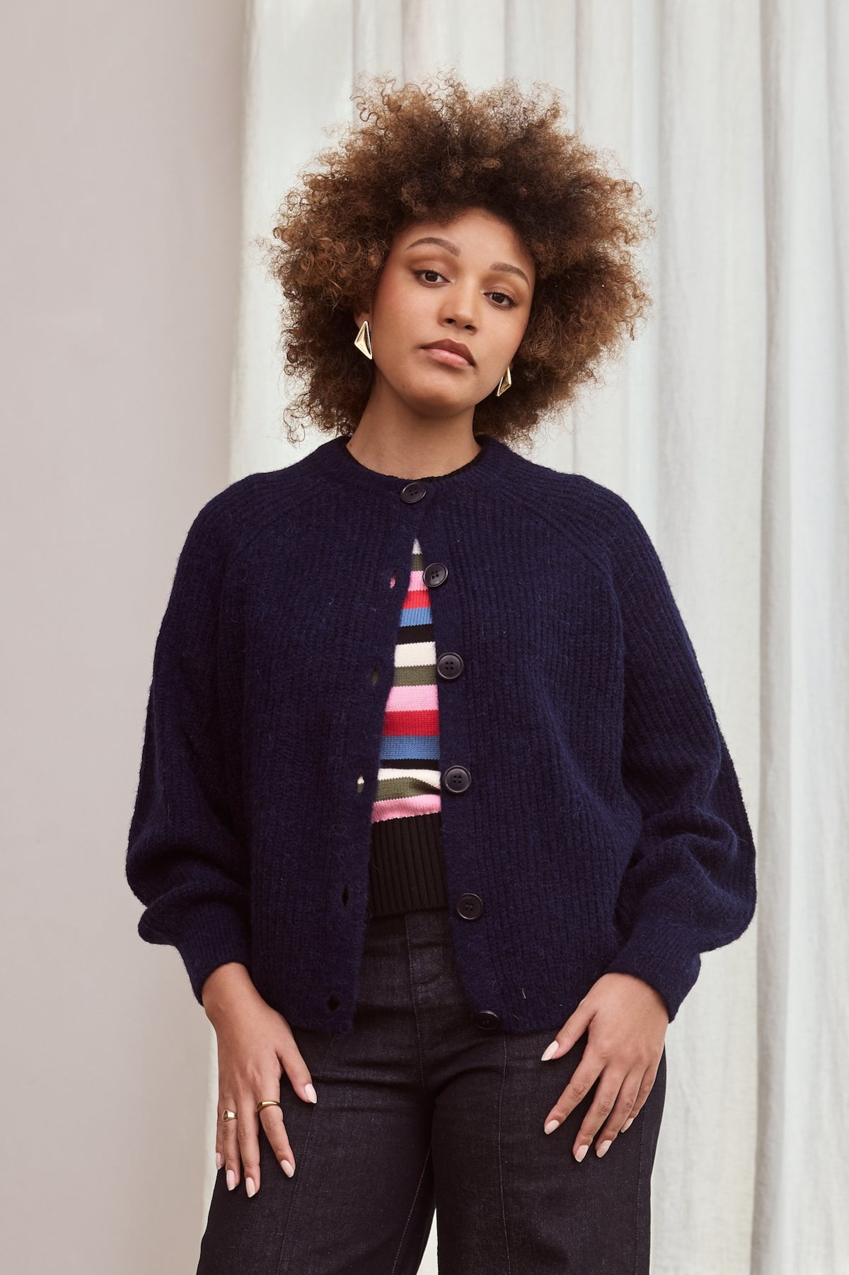 Chunky Navy Blue Knit Button Down Cardigan Alpaca Wool Blend