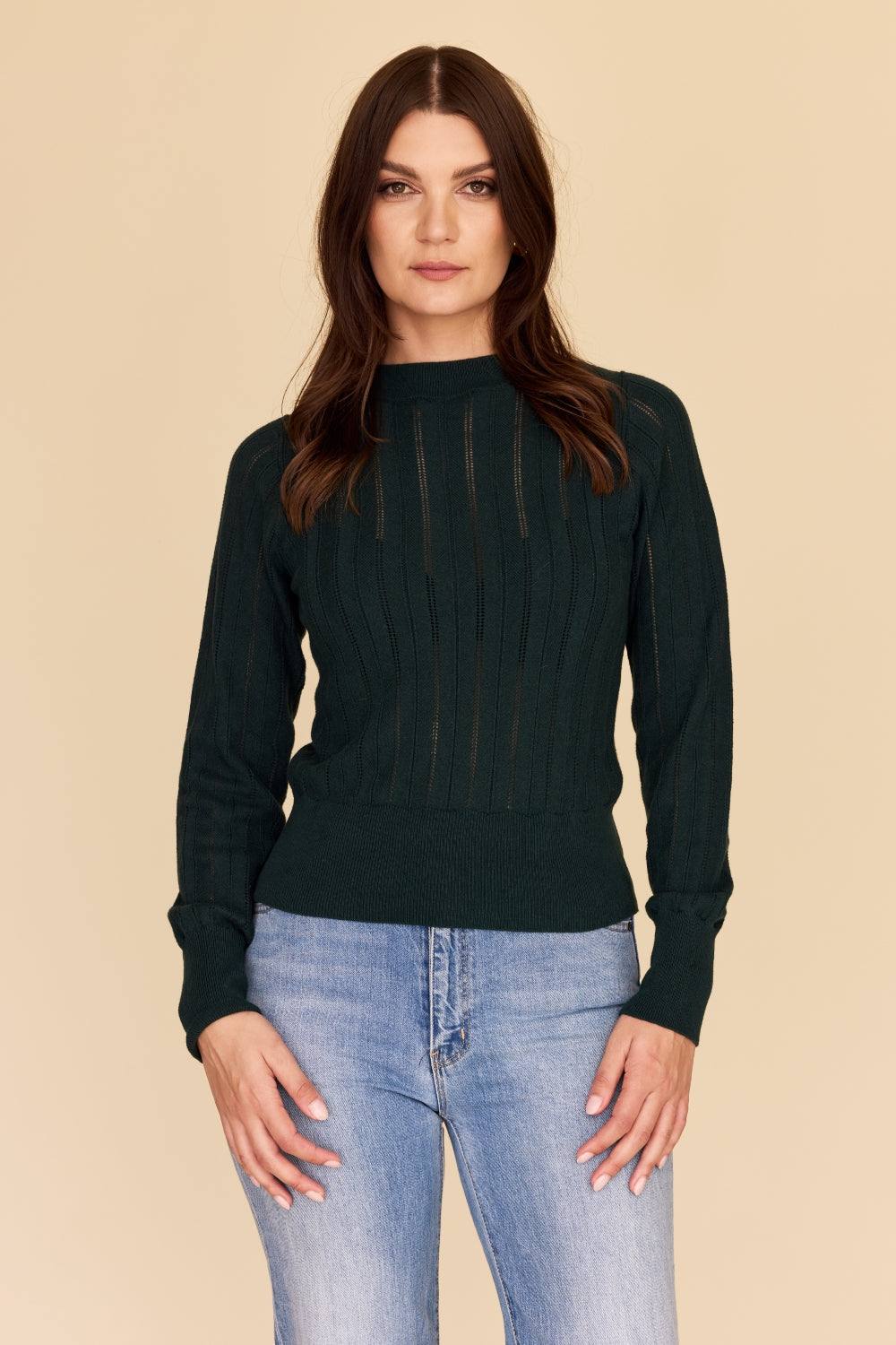 Dark Green Cotton Cashmere Pointelle Knit Jumper 