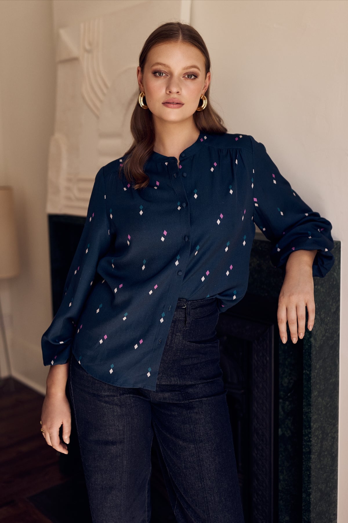 Diamond print button through shirt mandarin collar