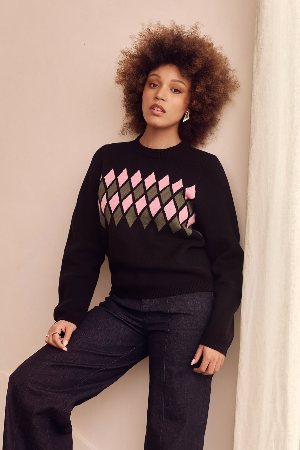 Black Long Sleeve Knit Jumper with Pink and Olive Green Diamonds