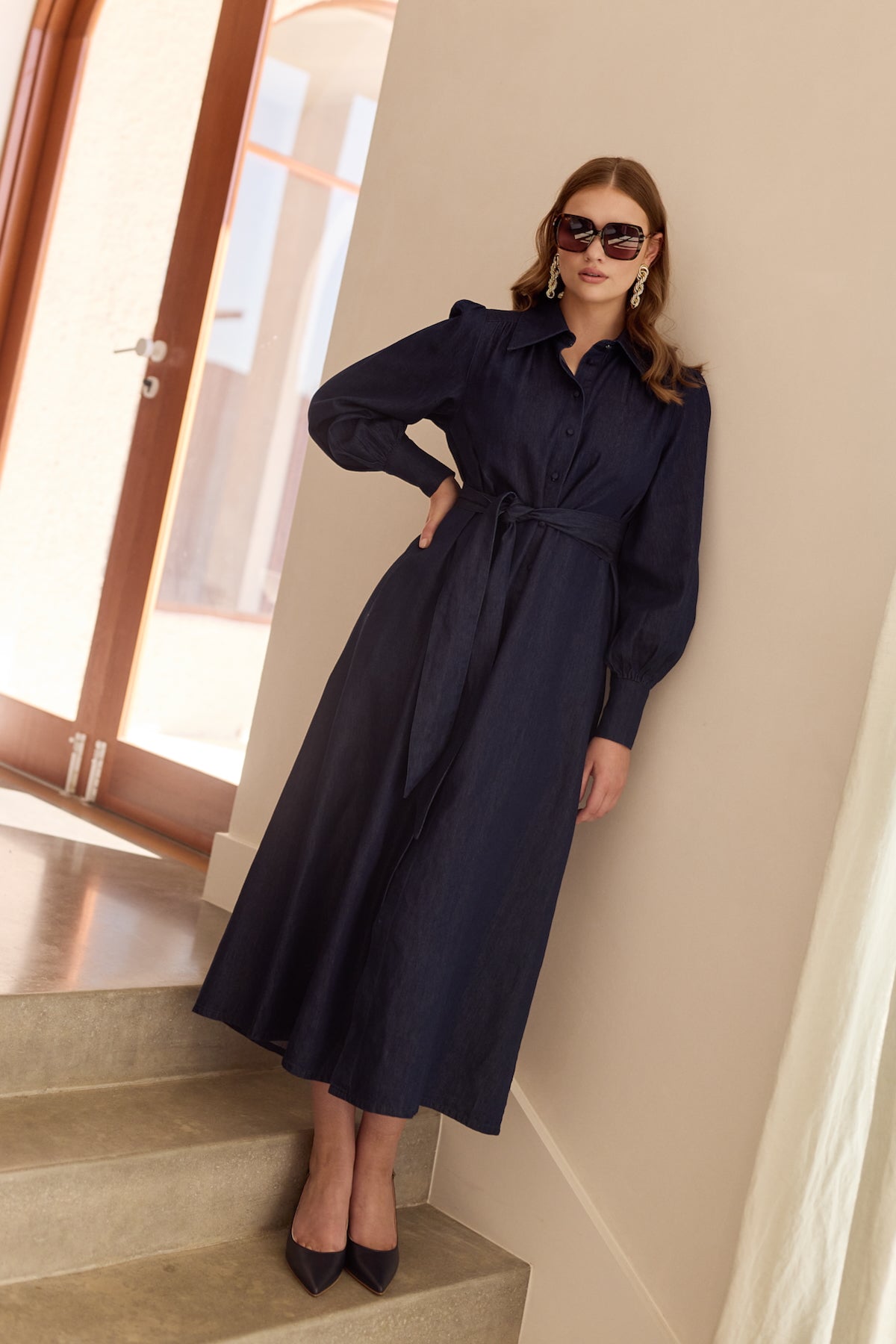 Indigo chambray maxi shirt dress with collar and belt