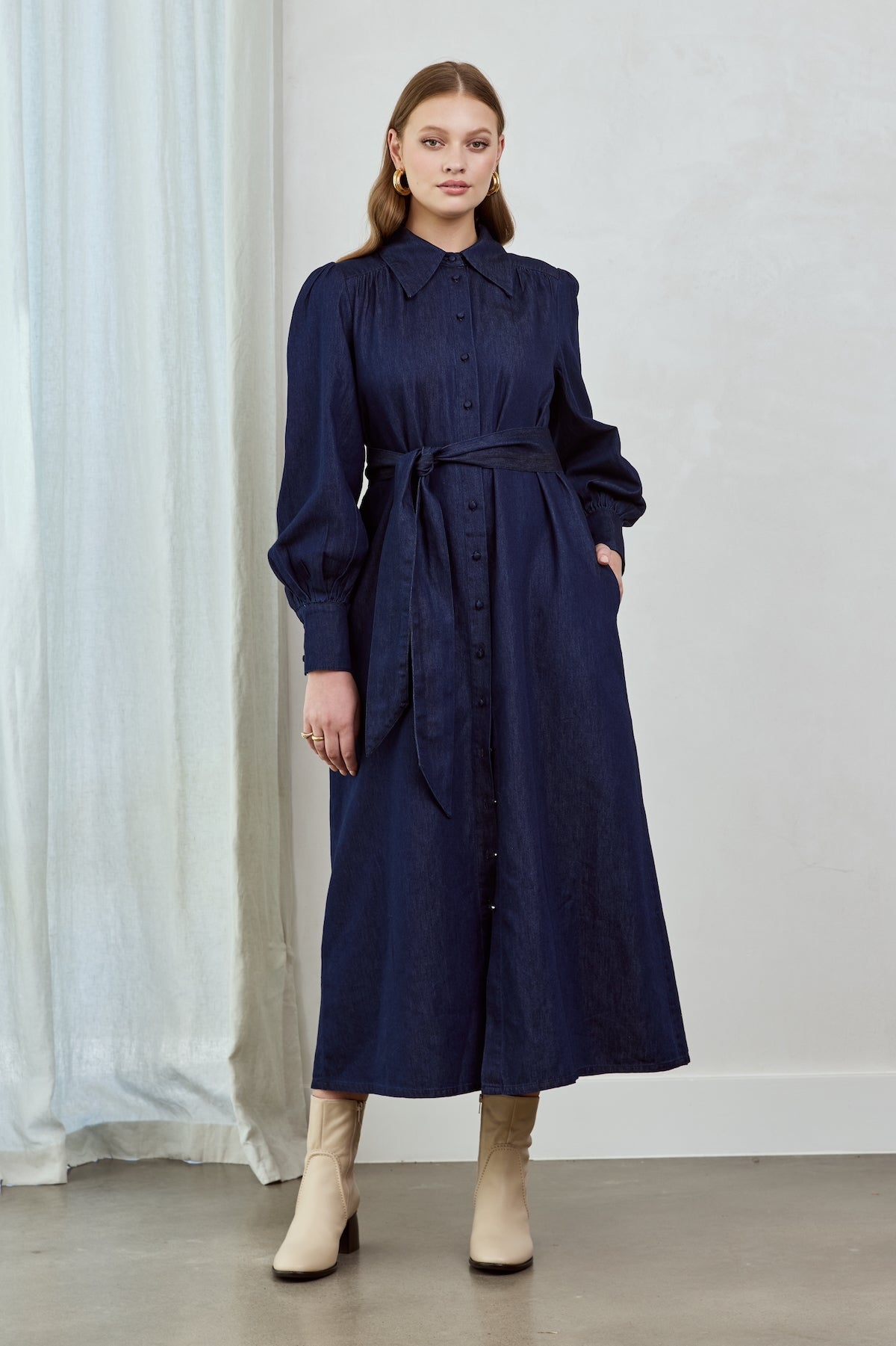 Button through long sleeve chambray midi shirt dress with belt