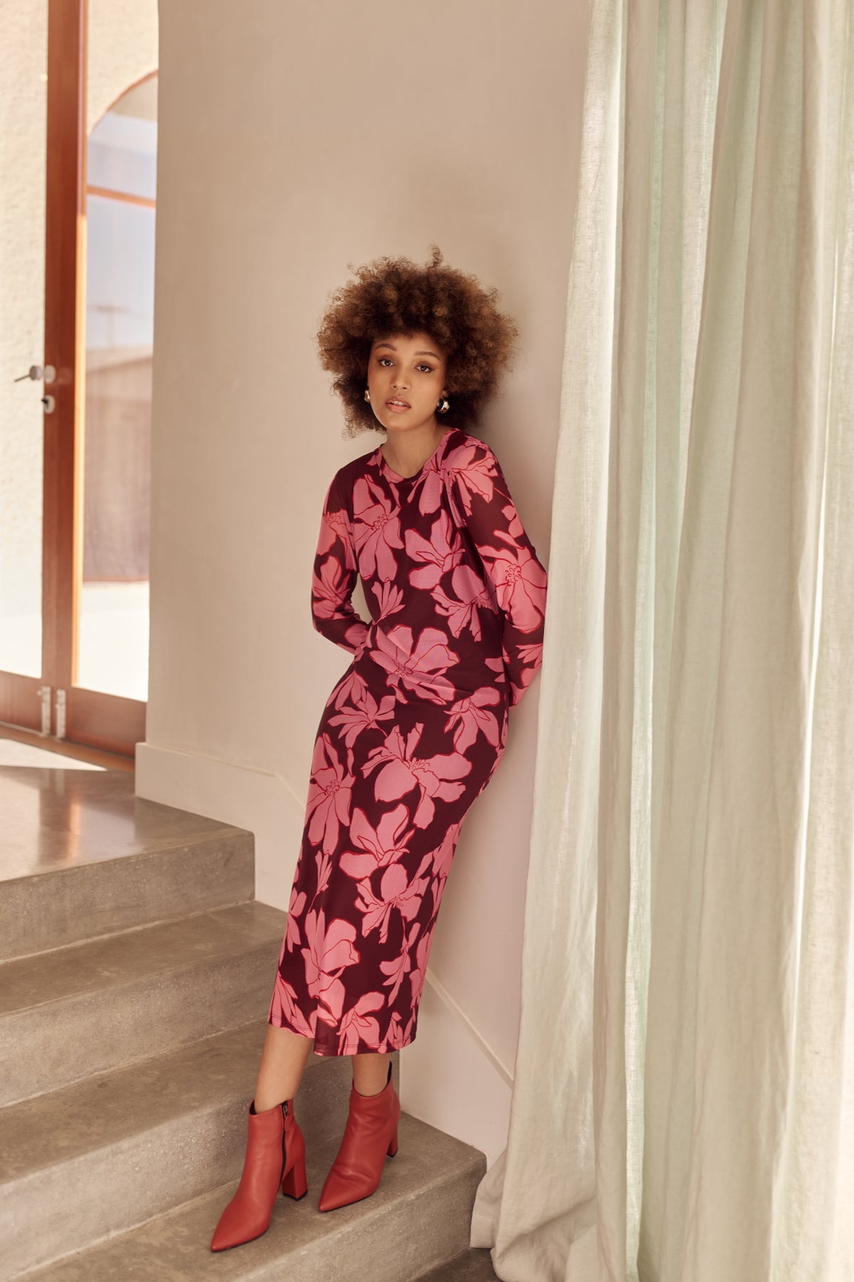 Burgundy Pink Magnolia Print Long Sleeve Mesh Dress