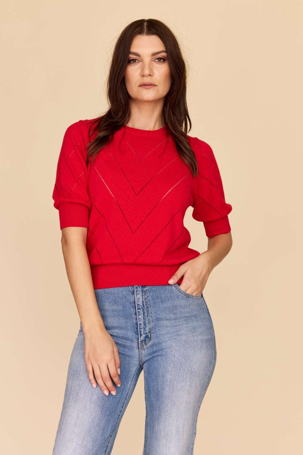 Red Chevron Knit Cotton Cashmere Jumper Elbow Sleeve