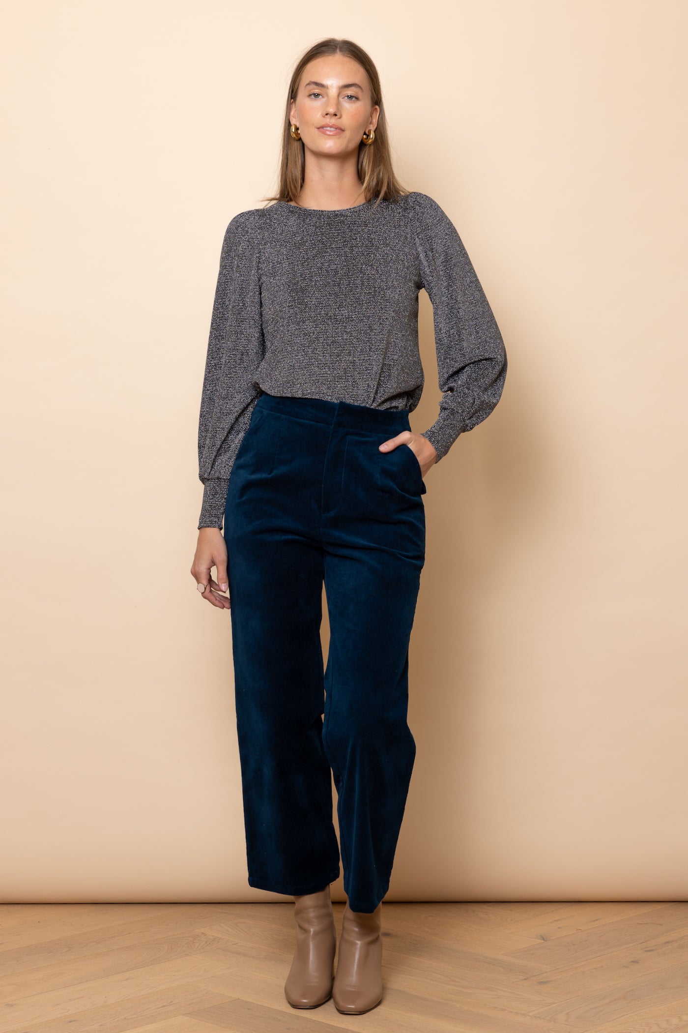 Petrol Blue Velvet Straight Leg Pants