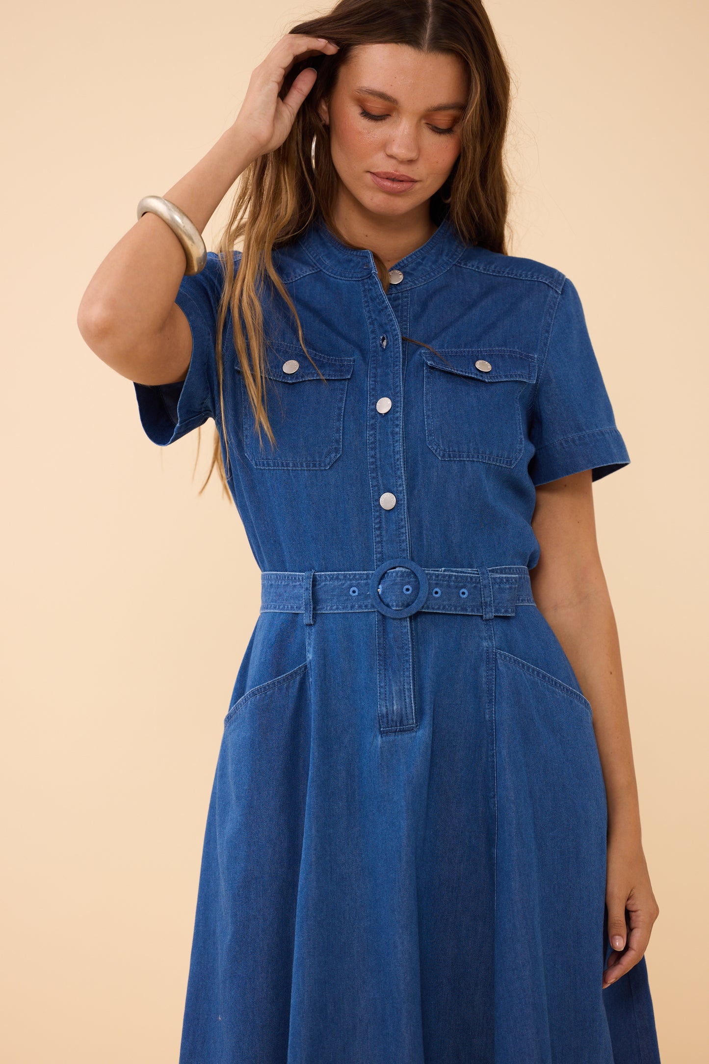 woman wearing CHAMBRAY Safari Dress