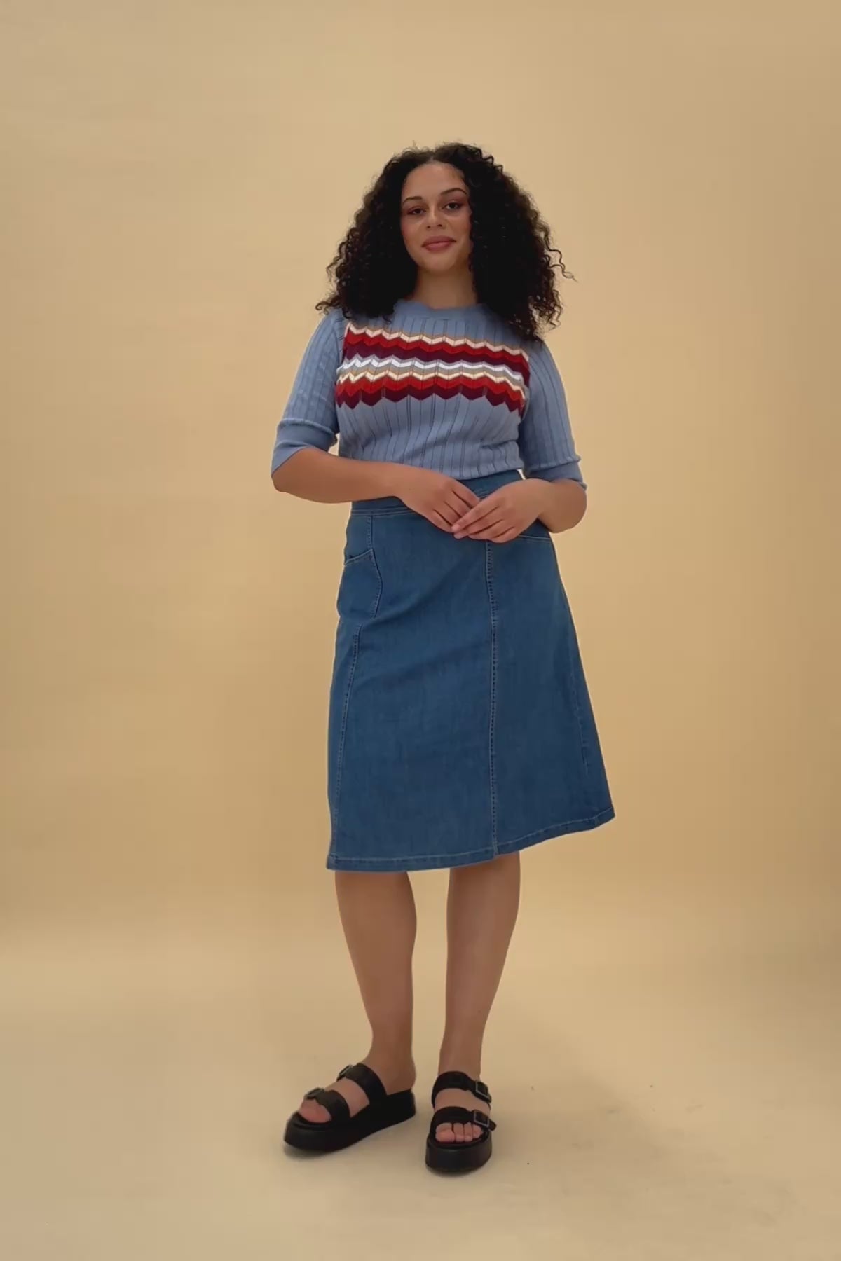 Woman posing wearing the Frock Me Out DUSTY BLUE Zig Zag Elbow Sleeve Pointelle Knit